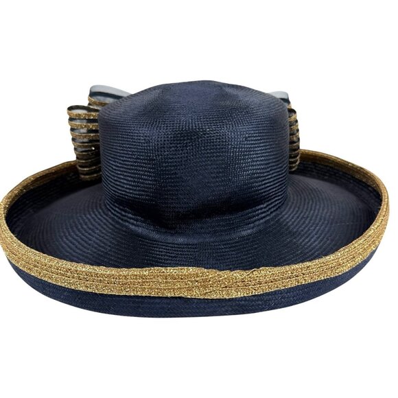 Mr John Classic Church Hat Blue And Gold Floral Bow Embellishments Wide Brim - Picture 7 of 11